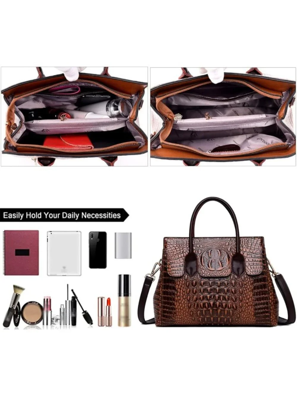 Stylish Women's Faux Leather Crocodile Embossed Satchel Handbag & Shoulder Bag